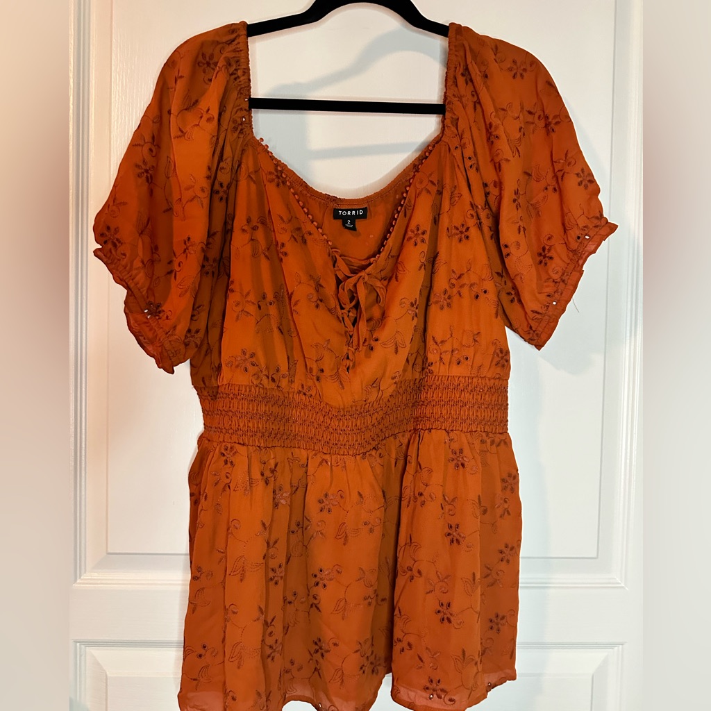 Torrid Georgette Eyelet Smocked Waist Puff Sleeve Top